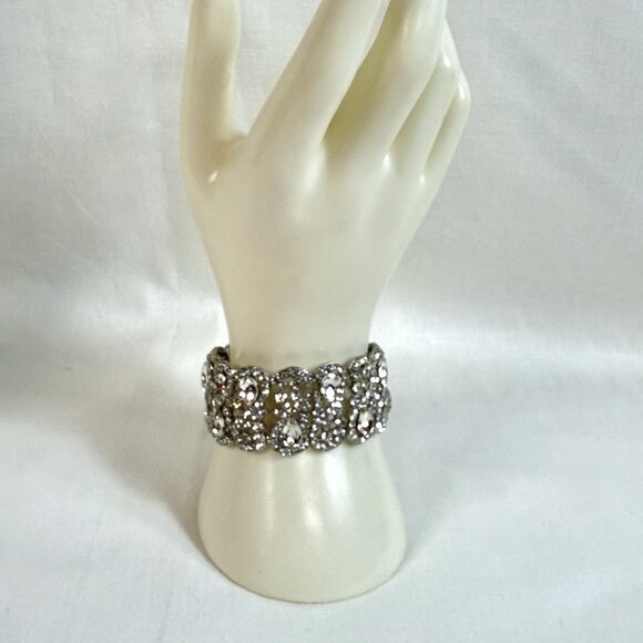 Vintage Clear Rhinestone Silver Tone Stretch Bracelet Statement - Picture 3 of 6